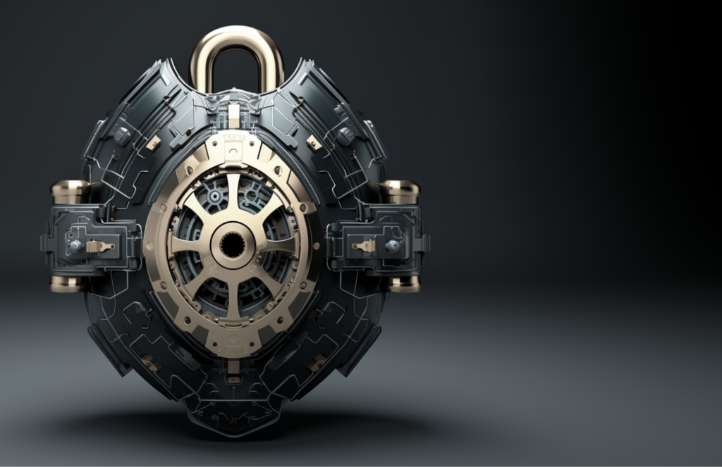 an image generated with AI on ‘Security by Design’ Principle. image shows a black and bronz modern high tech padlock. 