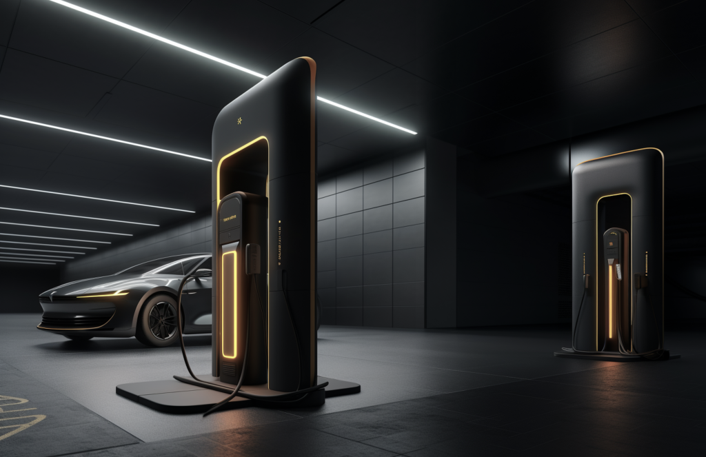 A futuristic electric car charging at a charge pole and there are other chargers around. 
